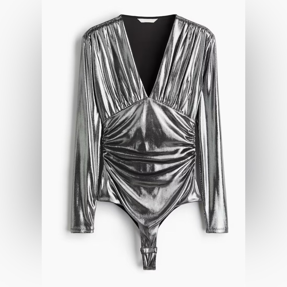 H&M silver draped v-neck thong bodysuit size medium